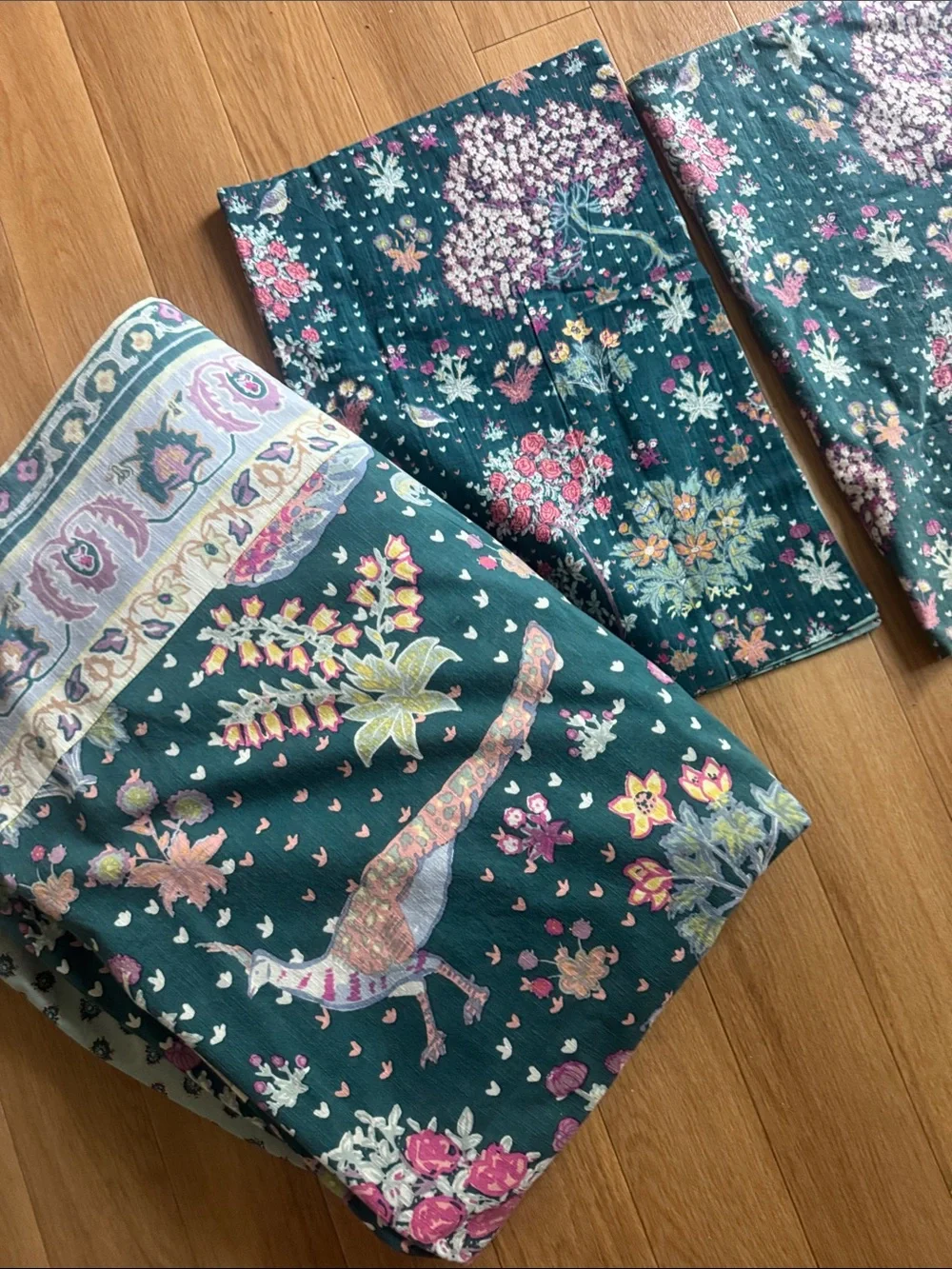 Anthropologie Darby twin slub Teal Floral & Bird Duvet Cover Set 3 pcs